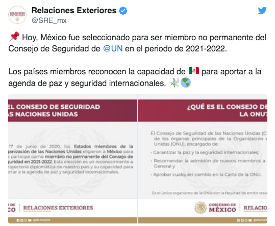 Lee más sobre el artículo MÉXICO AHORA PERTENECE AL CONSEJO DE SEGURIDAD DE LA ONU COMO MIEMBRO NO PERMANENTE