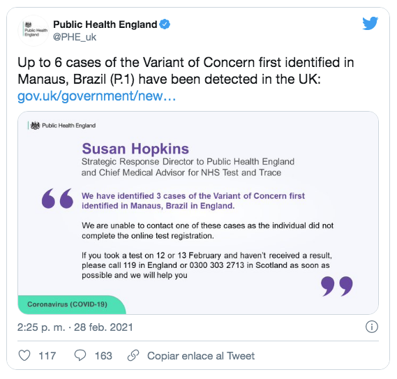 Lee más sobre el artículo SE DETECTA EN REINO UNIDO LOS PRIMEROS CASOS DE VARIANTE BRASILEÑA DE COVID-19